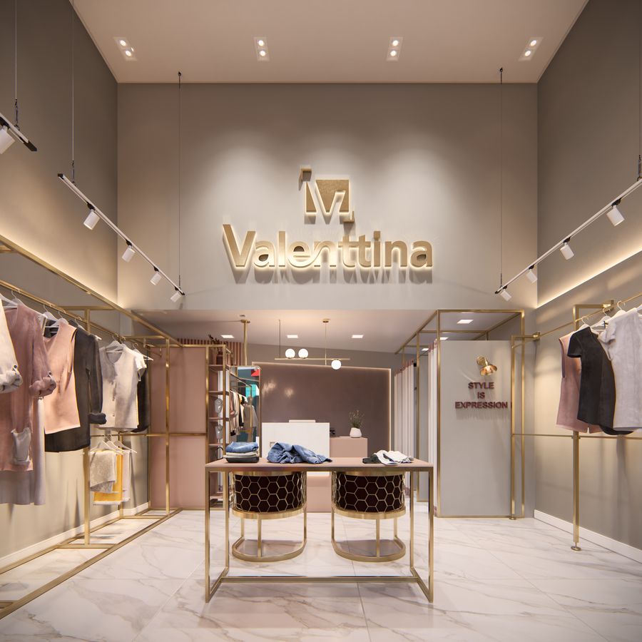 Projeto de Interiores Loja Valenttina — parede de marca e salão principal | Outset Arquitetura